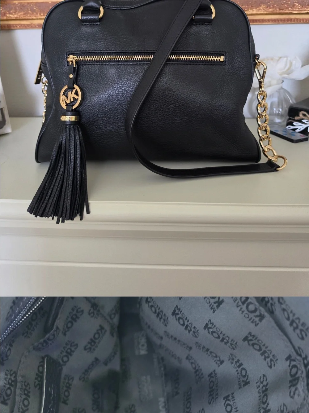 Michael Kors Black Pebbled Leather Tassel Satchel with Gold Hardware
